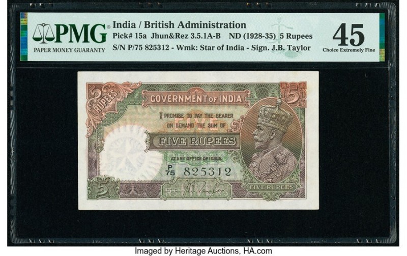 India Government of India 5 Rupees ND (1928-35) Pick 15a Jhun3.5.1A-B PMG Choice...