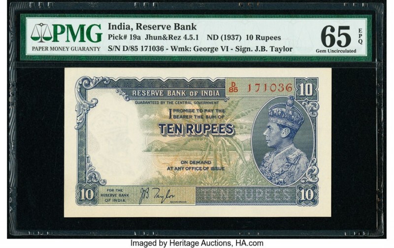 India Reserve Bank of India 10 Rupees ND (1937) Pick 19a Jhun4.5.1 PMG Gem Uncir...