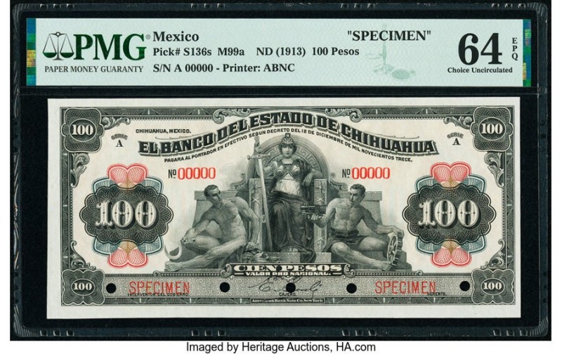 Mexico Banco del Estado de Chihuahua 100 Pesos 1913 Pick S136s Specimen PMG Choi...