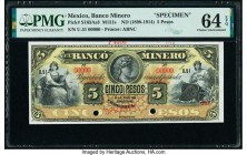 Mexico Banco Minero 5 Pesos ND (1888-1914) Pick S163As3 M131s Specimen PMG Choice Uncirculated 64 EPQ. Cancelled with 2 punch holes. 

HID09801242017
...