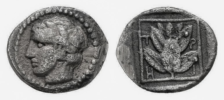 Tracia. Trieros. Hemióbolo. 450-40 a.C. (Sng Cop-822F). Anv.: Cabeza de Apolo a ...