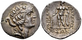 Tracia. Thasos. Tetradracma. 148 a.C. (Gc-1759). (Cy-1530). Anv.: Cabeza de Dionisos con corona de hiedra a derecha. Rev.: Hércules en pie a izquierda...