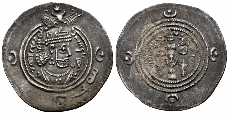 Imperio Sasánida. Yazdigerd III. Dracma. 632-651 d.C. Ag. 4,11 g. Oxidación en r...
