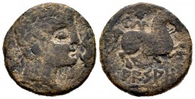 Arsaos. As. 120-80 a.C. Zona de Navarra. (Abh-144). (Acip-1654). Anv.: Cabeza barbada a derecha, detrás arado, delante delfín. Rev.: Jinete con dardo ...