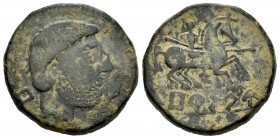 Bursau. As. 120-80 a.C. Borja (Zaragoza). (Abh-300). (Acip-1589). Anv.: Cabeza masculina a derecha, delante delfín y detrás signo BU. Rev.: Jinete con...