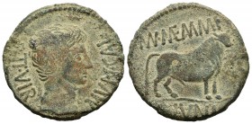 Calagurris. As. 27 a.C.-14 d.C. Calahorra (La Rioja). (Abh-405). (Acip-3118). Anv.: Cabeza desnuda de Augusto a derecha, alrededor MVN CAL II VIR. Rev...