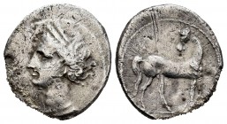 Cartagonova. 1/2 siclo . 235-220 a.C. Cartagena (Murcia). (Abh-478). (Acip-540). Anv.: Cabeza de Tanit a izquieda. Rev.: Caballo parado a derecha con ...
