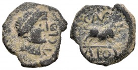 Kastilo-Castulo. Semis. 180 a.C. Cazlona (Jaén). (Abh-no cita). (Acip-2162). (C-58). Anv.: Cabeza viril laureada a derecha con ínfulas y delante leyen...