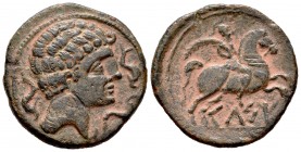Kelse. As. 120-50 a.C. Velilla del Ebro (Zaragoza). (Abh-772). (Acip-1482). (C-11). Anv.: Cabeza masculina a derecha rodeada de tres delfines y peinad...