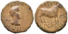 Kelse. As. 120-50 a.C. Velilla del Ebro (Zaragoza). (Abh-800). (Acip-1493). (C-20). Rev.: Toro a derecha, encima (C) BALBO y debajo L PORCIO. Ae. 12,6...