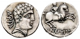 Konterbia Karbika. Denario. 120-20 a.C. Huete (Cuenca). (Abh-845). (Acip-1827). (C-4). Anv.: Cabeza masculina a derecha con peinado a tres niveles y d...