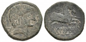 Tamaniu. As. 120-20a.C. Zona de Aragón. (Abh-890). (Acip-1614). (C-3). Anv.:  Cabeza masculina a derecha, delante un delfín y detrás TA. Rev.: Jinete ...