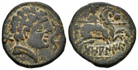 Tamaniu. As. 120-20 a.C. Zona de Aragón. (Abh-891). (Acip-1614). Anv.: Cabeza masculina a derecha, delante un delfín y detrás TA. Rev.: Jinete con lan...