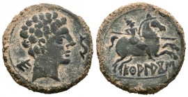 Ekualakos. As. 120-20 a.C. Zona de Soria-Guadalajara. (Abh-969). (Acip-1848). (C-2 variante de estilo). Anv.: Cabeza masculina a derecha con delfín de...