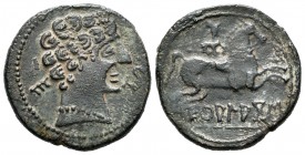 Ekualakos. As. 120-20 a.C. Zona de Soria-Guadalajara. (Abh-969 variante). Anv.: Cabeza masculina a derecha, delante delfín, detrás E. Rev.: Jinete con...