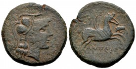 Untikesken. As. 130-90 a.C. Ampurias (Girona). (Abh-1211). (Acip-1009). (C-27). Anv.: Cabeza de Palas a derecha, delante signos ibéricos. Rev.: Pagaso...