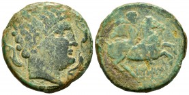 Iltirta. As. 200-20 a.C. Lleida (Cataluña). (Abh-1461). (Acip-1245). (C-16). Anv.: Busto masculino a derecha rodeada de tres delfines. Rev.: Jinete a ...
