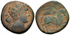 Iltirta. As. 143 a.C. Lleida (Cataluña). (Abh-1465). (Acip-1249). Anv.: Cabeza masculina a derecha rodeada de tres delfines. Rev.: Jinete con palma y ...