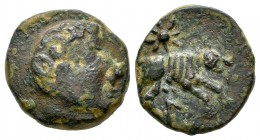 Iltirta. Cuadrante. 200-20 a.C. Lleida (Cataluña). (Abh-1482). (Acip-1282). Anv.: Cabeza masculina a derecha. Rev.: Lobo a drecha, encima estrella, de...