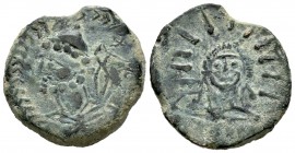 Malaka. As. 200-20 a.C. Málaga. (Abh-1730). (Acip-790). Anv.:  Cabeza de Vulcano a izquierda, detrás tenazas y leyenda neopúnica, alrededor laurea. Re...