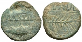 Murtilis. Dupondio. 120-50 a.C. Mértola (Portugal). (Abh-1757). (Acip-2355). (C-3). Anv.: Atún a derecha, encima entre líneas MVRTIL. Rev.: Espiga ent...