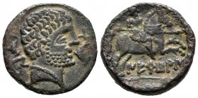 Nertobis. As. 120-20 a.C. Calatorao (Zaragoza). (Abh-1772). Anv.: Cabeza barbada a derecha, delante delfín y detrás delfín y letra N. Rev.: Jinete con...