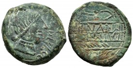 Obulco. As. 220-20 a.C. Porcuna (Jaén). (Abh-1811 var). Anv.: Cabeza femenina a derecha, delante OBVLCO. Rev.: Arriba espiga a derecha, debajo arado i...