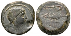 Obulco. As. 220-20 a.C. Porcuna (Jaén). (Abh-1820). Anv.: Cabeza femenina a derecha. Rev.: Arado y espiga, debajo en cartela OBVLCO. Ae. 29,54 g. Rara...