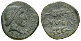 Onuba. Semis. 50 a.C. Huelva. (Abh-1896). (Acip-2417). (C-4). Anv.: Cabeza viril con casco a derecha y delante leyenda exterior C.AELI Q PVBL(ILI). Re...