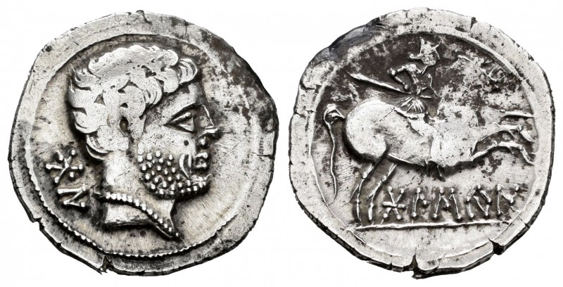 Bolskan. Denario. 180-20 a.C. Huesca. (Abh-1911). Anv.: Cabeza masculina a derec...