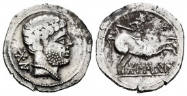 Bolskan. Denario. 180-20 a.C. Huesca. (Abh-1911). Anv.: Cabeza masculina a derecha, detrás BON. Rev.: Jinete con lanza a derecha, debajo BOLSCAN. Ag. ...