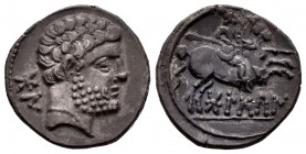 Bolskan. Denario. 180-20 a.C. Huesca. (Abh-1912). (Acip-1413). Anv.: Cabeza barbada a derecha, detrás BON. Rev.: Jinete con lanza a derecha, debajo BO...