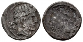 Bolskan. Denario. 180-20 a.C. Huesca. (Abh-1911). (Acip-1417). Anv.: Cabeza masculina a derecha, detrás BON. Rev.:  Incuso. Ag. 3,82 g. MBC. Est...200...
