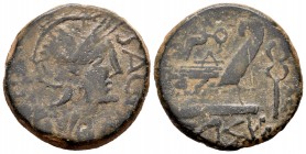 Arse-Saguntum. As. 50-20 a.C. Sagunto (Valencia). (Abh-2078). (Acip-1986). Anv.: Cabeza galeada de Roma a derecha, alrededor SAGVN(TINV). Rev.: Proa d...