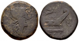 Arse-Saguntum. As. 50-20 a.C. Sagunto (Valencia). (Abh-2078). (Acip-1986). Anv.: Cabeza galeada de Roma a derecha, alrededor SAG(VNT)INV. Rev.: Proa d...