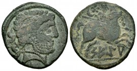 Sekia. As. 120-20 a.C. Ejea de Caballeros (Zaragoza). (Abh-2157). (Acip-1454). Anv.: Cabeza barbada a derecha, detrás dos delfines. Rev.: Jinete con l...