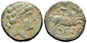 Sekia. As. 120-20 a.C. Ejea de Caballeros (Zaragoza). (Abh-2159). (Acip-1449). Anv.: Cabeza barbada a derecha, detrás delfín. Rev.: Jinete con lanza a...
