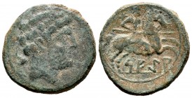 Sekia. As. 120-20 a.C. Ejea de Caballeros (Zaragoza). (Abh-2159). (Acip-1449). Anv.: Cabeza barbada a derecha, detrás delfín. Rev.: Jinete con lanza a...