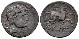 Sekoberikes. Denario. 120-30 a.C. Saelices (Cuenca). (Abh-2168). (Acip-1869). (C-5). Anv.: Cabeza masculina a derecha, detrás creciente, debajo letra ...