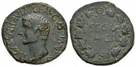 Segobriga. As. 14-36 d.C. Saelices (Cuenca). (Abh-2188). (Acip-3243). Anv.: Cabeza de Tiberio a izquierda, alrededor TI CAESAR DIVI AVG F AVGVST IMP V...