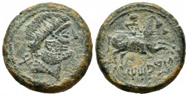 Titiakos. As. 120-20 a.C. Tricio (La Rioja). (Abh-2395). (Acip-1898). (C-10). Anv.: Cabeza barbada a derecha con letra TI detrás. Rev.: Jinete con lan...