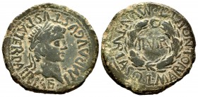 Turiasu. As. 50-20 a.C. Tarazona (Zaragoza). (Abh-2439). (Acip-3284). Anv.: Cabeza laureada  de Augusto a derecha, alrededor IMP AVGVSTVS PATER PATRIA...