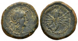 Valentia. Semis. 130-50 a.C. Valencia. (Abh-2513). (Acip-2054). (C-5). Anv.: Cabeza galeada de Roma a derecha, detrás S. Rev.: Cuerno de la abundancia...