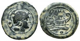 Anónimo. Uncia. 211 a.C. Roma. (Craw-97/76). Anv.: Cabeza de Roma con casco a derecha, detrás glóbulo. Rev.: Proa a derecha, encima ROMA, debajo glóbu...