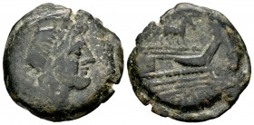 Anónimo. Semis. 169-158 a.C. Roma. (Craw-195/2). Anv.: Cabeza laureada de Saturno a derecha, detrás S. Rev.: Proa de nave a derecha, debajo ROMA, enci...