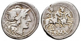 Anónimo. Denario. 205-203 a.C. Sur de Italia. (Ffc-4). (Craw-45/1). (Cal-1b). Anv.: Cabeza de Roma a derecha, detrás: X. Rev.: Los Dioscuros a caballo...
