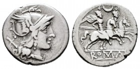 Anónimo. Denario. 208-206 a.C. Roma. (Ffc-29). (Craw-57/2). (Cal-22). Anv.: Cabeza de Roma a derecha, detrás: X. Rev.: Los Dioscuros a caballo a derec...