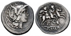 Anónimo. Denario. 209-208 a.C. Sicilia?. (Ffc-31). (Craw-80/1a). (Cal-20). Anv.: Cabeza de Roma a derecha, detrás: X. Rev.: Los Dioscuros a caballo a ...