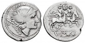 Anónimo. Denario. 210-206 a.C. Incierta. (Ffc-41). (Craw-110/1a). (Cal-42). Anv.: Cabeza de Roma a derecha, detrás: X. Rev.: Los Dioscuros a caballo a...