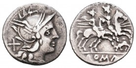 Anónimo. Denario. 206-195 a.C. Roma. (Ffc-61). (Craw-116/1a). (Cal-31). Anv.: Cabeza de Roma a derecha, detrás: X. Rev.: Los Dioscuros a caballo a der...